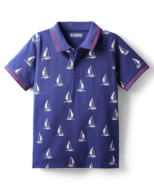 Pine Kids Cotton Knit Half Sleeves Polo T-Shirt With Nautical Print - Navy Blue