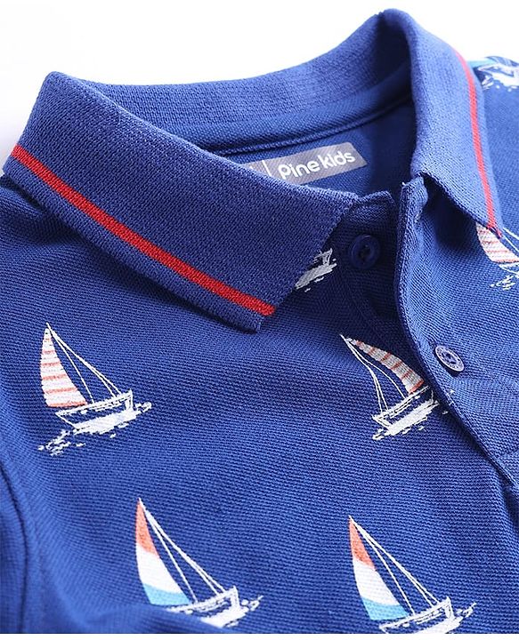 Pine Kids Cotton Knit Half Sleeves Polo T-Shirt With Nautical Print - Navy Blue