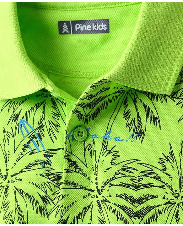 Pine Kids Cotton Knit Half Sleeves Polo T-Shirt with Tropical Print - Neon Green