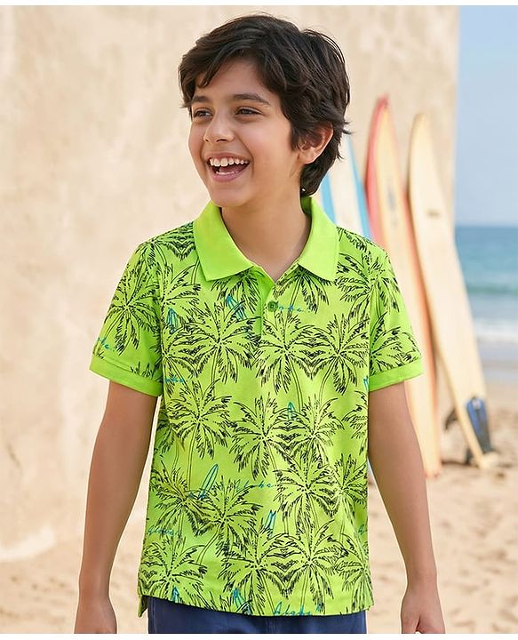 Pine Kids Cotton Knit Half Sleeves Polo T-Shirt with Tropical Print - Neon Green