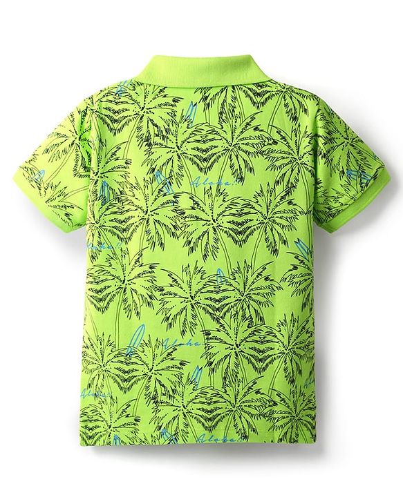Pine Kids Cotton Knit Half Sleeves Polo T-Shirt with Tropical Print - Neon Green