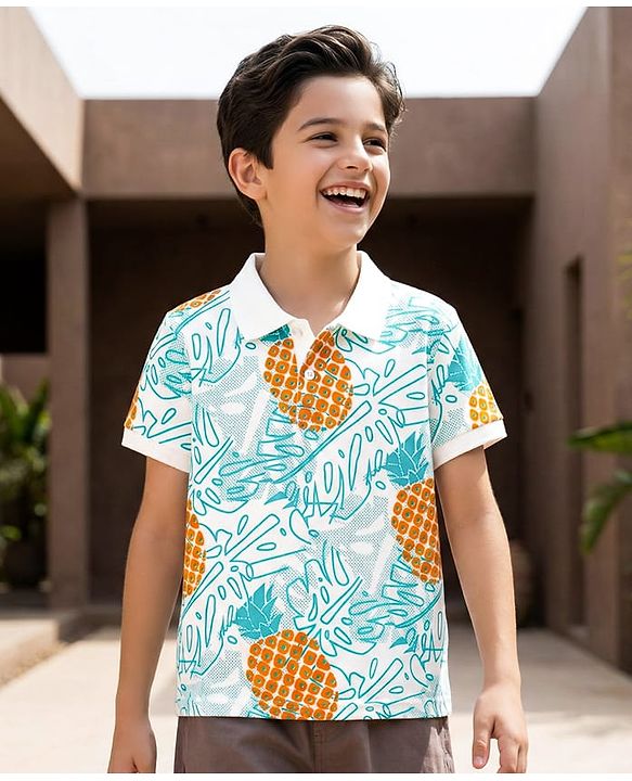 Pine Kids Cotton Knit Half Sleeves Polo T-Shirt with Pineapple Print - White