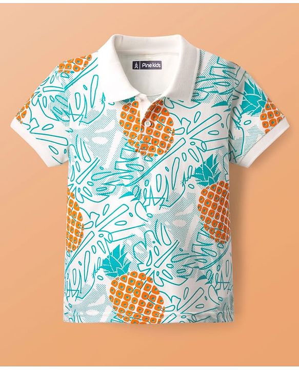 Pine Kids Cotton Knit Half Sleeves Polo T-Shirt with Pineapple Print - White