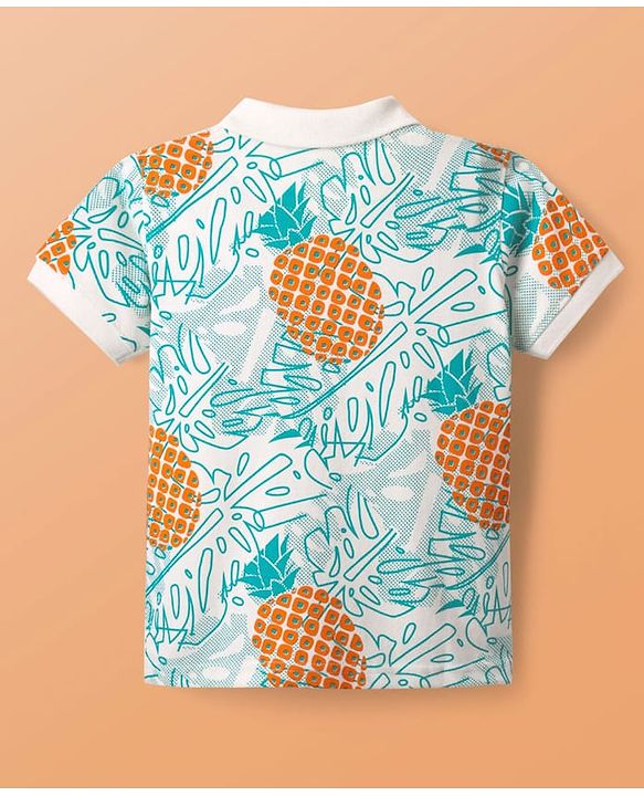 Pine Kids Cotton Knit Half Sleeves Polo T-Shirt with Pineapple Print - White