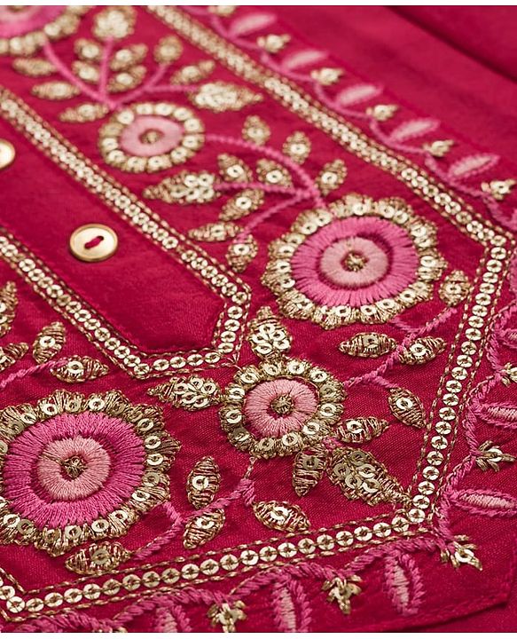 Pine Kids Woven Three Fourth Sleeves Floral Embroidered & Sequinned Kurti & Salwar Set with Dupatta - Dark Pink