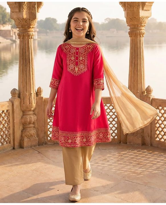 Pine Kids Woven Three Fourth Sleeves Floral Embroidered & Sequinned Kurti & Salwar Set with Dupatta - Dark Pink