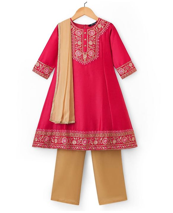 Pine Kids Woven Three Fourth Sleeves Floral Embroidered & Sequinned Kurti & Salwar Set with Dupatta - Dark Pink