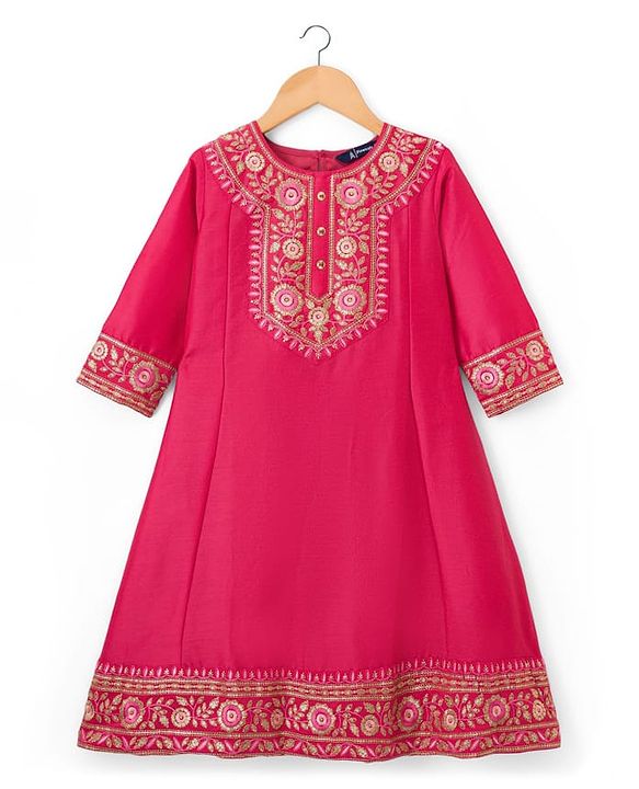 Pine Kids Woven Three Fourth Sleeves Floral Embroidered & Sequinned Kurti & Salwar Set with Dupatta - Dark Pink