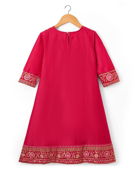 Pine Kids Woven Three Fourth Sleeves Floral Embroidered & Sequinned Kurti & Salwar Set with Dupatta - Dark Pink