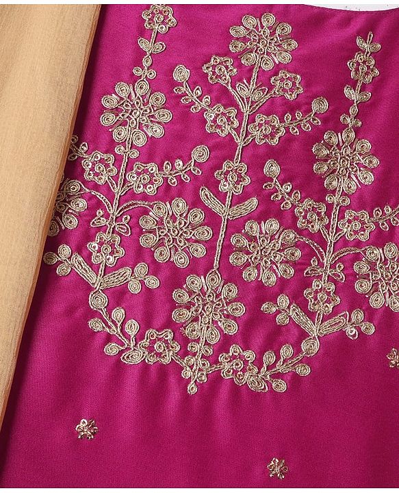 Pine Kids Woven Sleeveless Kurta Palazzo & Dupatta Set With Floral Embroidery & Sequin Detailing - Dark Pink