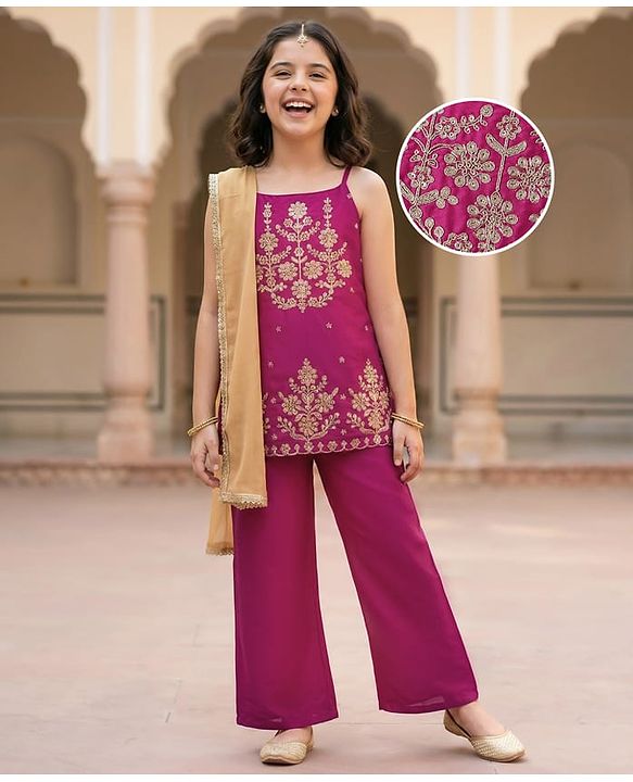 Pine Kids Woven Sleeveless Kurta Palazzo & Dupatta Set With Floral Embroidery & Sequin Detailing - Dark Pink