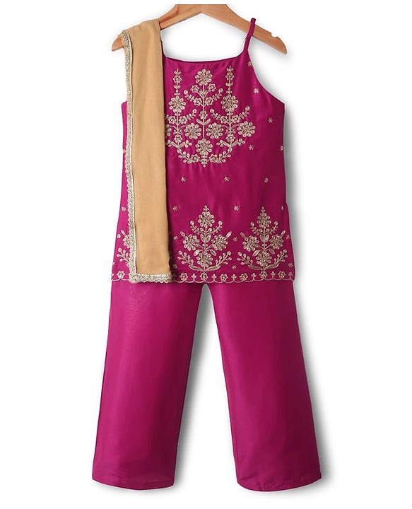 Pine Kids Woven Sleeveless Kurta Palazzo & Dupatta Set With Floral Embroidery & Sequin Detailing - Dark Pink