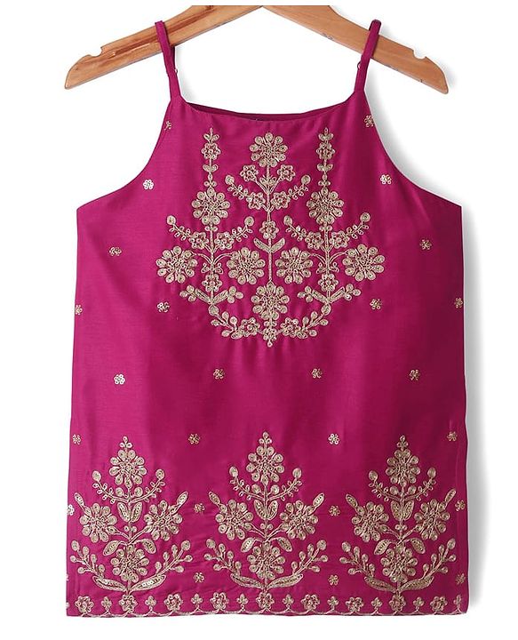 Pine Kids Woven Sleeveless Kurta Palazzo & Dupatta Set With Floral Embroidery & Sequin Detailing - Dark Pink