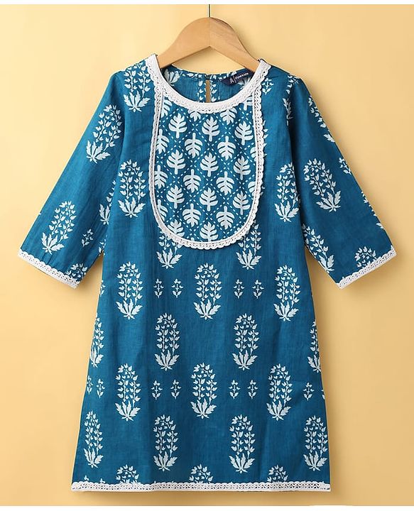 Pine Kids Cotton Woven Three Fourth Sleeves Kurti Palazzo Set with Dupatta & Floral Print - Navy Blue