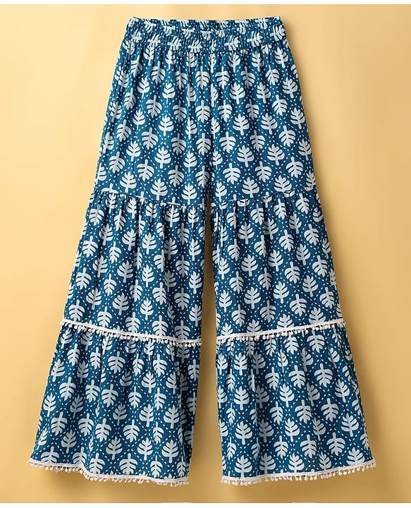 Pine Kids Cotton Woven Three Fourth Sleeves Kurti Palazzo Set with Dupatta & Floral Print - Navy Blue