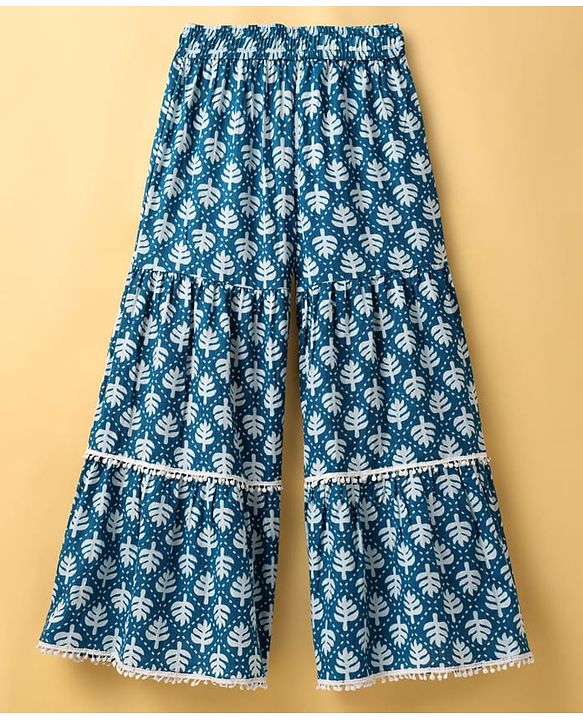 Pine Kids Cotton Woven Three Fourth Sleeves Kurti Palazzo Set with Dupatta & Floral Print - Navy Blue
