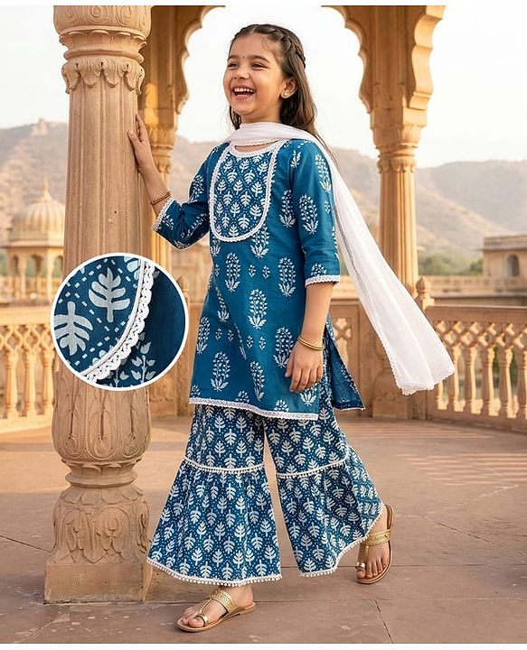 Pine Kids Cotton Woven Three Fourth Sleeves Kurti Palazzo Set with Dupatta & Floral Print - Navy Blue
