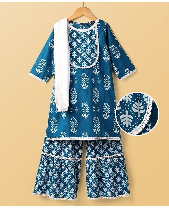 Pine Kids Cotton Woven Three Fourth Sleeves Kurti Palazzo Set with Dupatta & Floral Print - Navy Blue