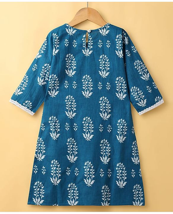 Pine Kids Cotton Woven Three Fourth Sleeves Kurti Palazzo Set with Dupatta & Floral Print - Navy Blue
