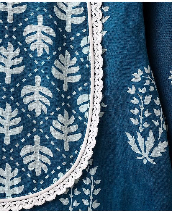 Pine Kids Cotton Woven Three Fourth Sleeves Kurti Palazzo Set with Dupatta & Floral Print - Navy Blue