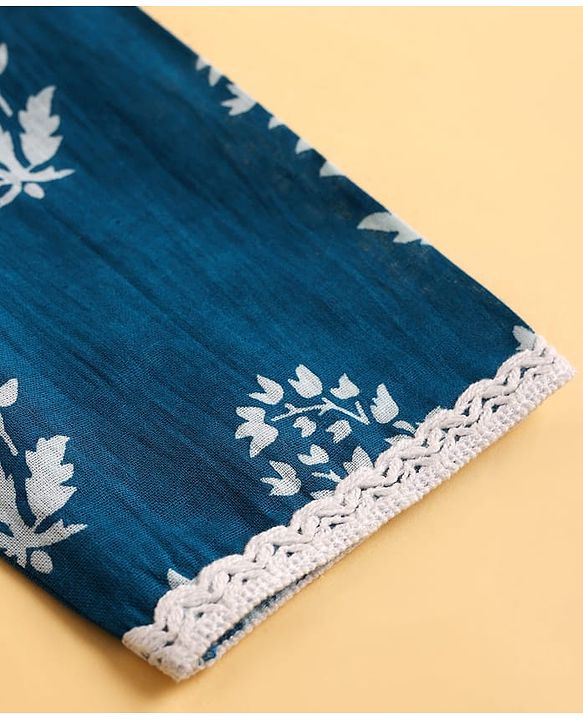 Pine Kids Cotton Woven Three Fourth Sleeves Kurti Palazzo Set with Dupatta & Floral Print - Navy Blue