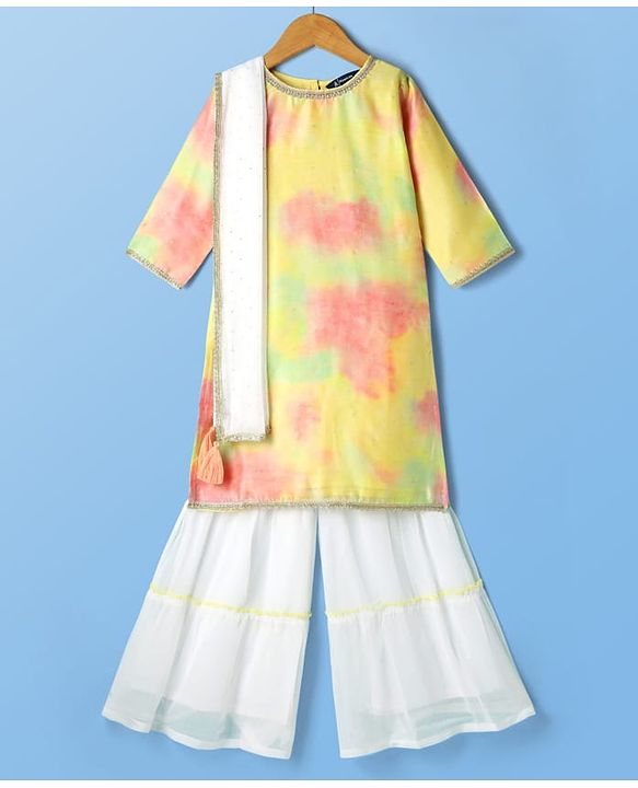 Pine Kids Woven Three Fourth Sleeves Tie & Dye Kurti Palazzo Set with Dupatta & Lace Detailing - Yellow