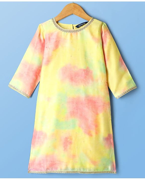 Pine Kids Woven Three Fourth Sleeves Tie & Dye Kurti Palazzo Set with Dupatta & Lace Detailing - Yellow