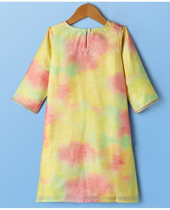Pine Kids Woven Three Fourth Sleeves Tie & Dye Kurti Palazzo Set with Dupatta & Lace Detailing - Yellow