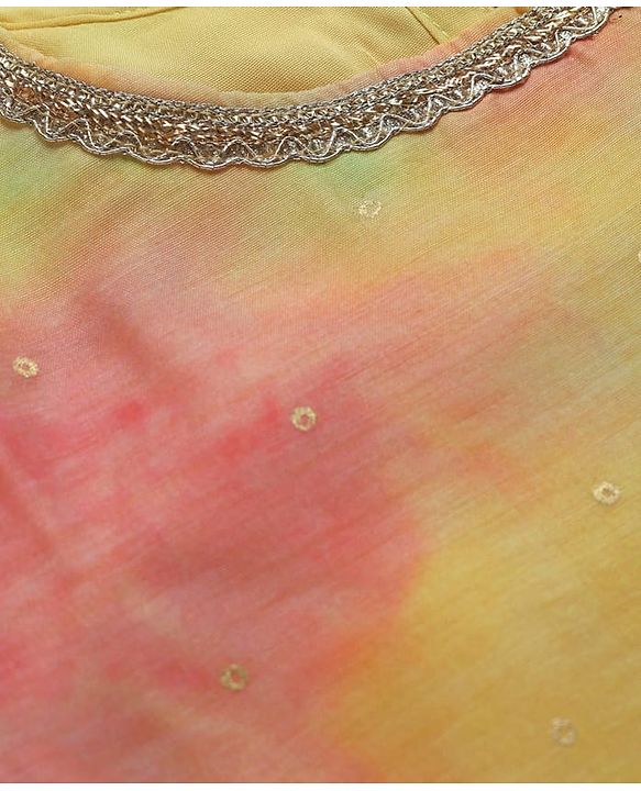 Pine Kids Woven Three Fourth Sleeves Tie & Dye Kurti Palazzo Set with Dupatta & Lace Detailing - Yellow