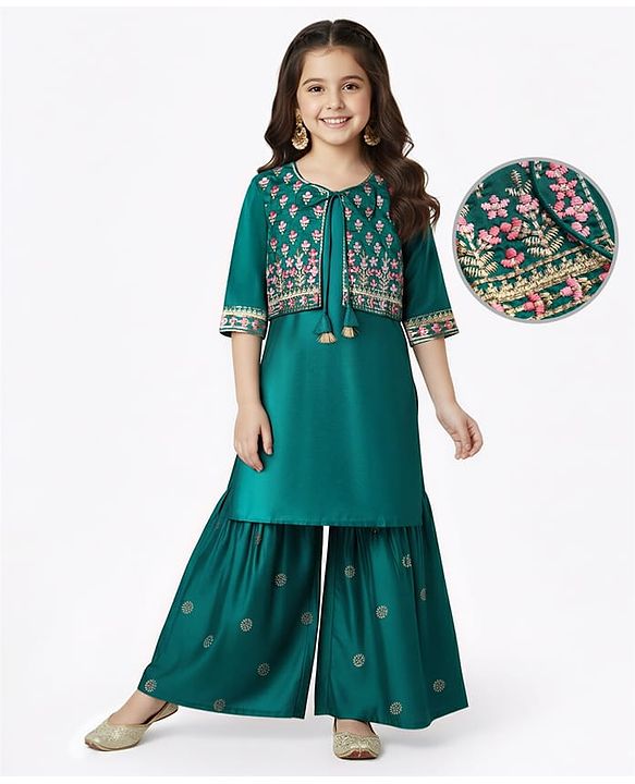 Pine Kids Woven Three Fourth Sleeves Kurta Gharara Set with Floral Embroidery & Glitter Print - Green