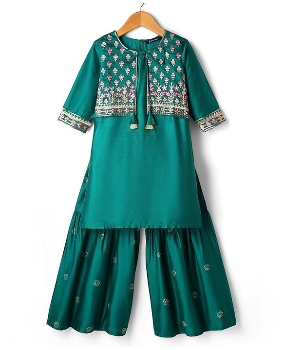 Pine Kids Woven Three Fourth Sleeves Kurta Gharara Set with Floral Embroidery & Glitter Print - Green
