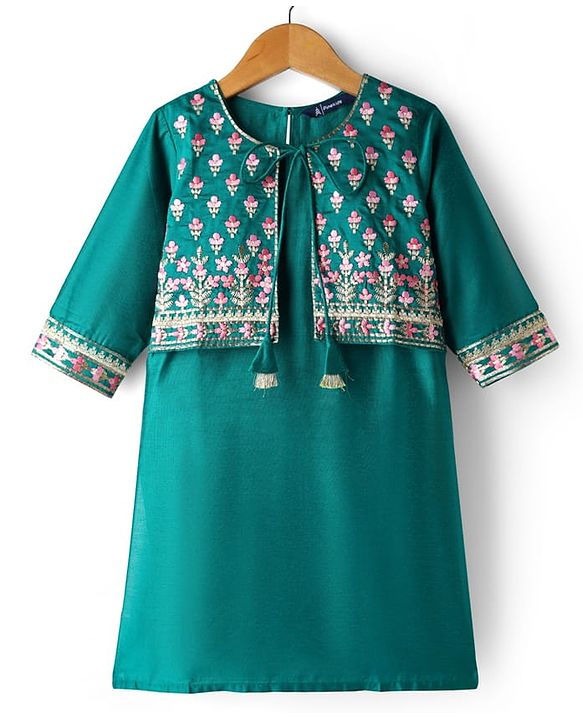 Pine Kids Woven Three Fourth Sleeves Kurta Gharara Set with Floral Embroidery & Glitter Print - Green