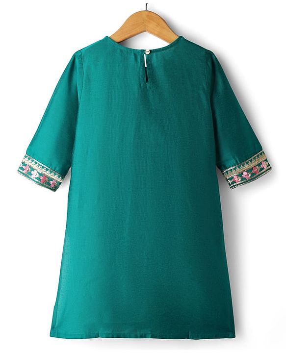 Pine Kids Woven Three Fourth Sleeves Kurta Gharara Set with Floral Embroidery & Glitter Print - Green