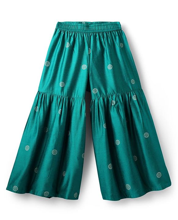 Pine Kids Woven Three Fourth Sleeves Kurta Gharara Set with Floral Embroidery & Glitter Print - Green