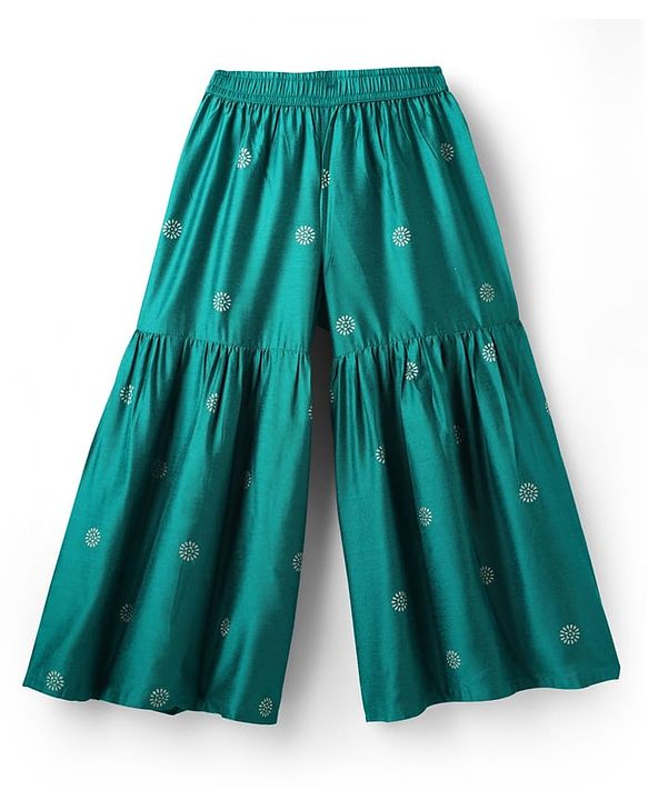 Pine Kids Woven Three Fourth Sleeves Kurta Gharara Set with Floral Embroidery & Glitter Print - Green