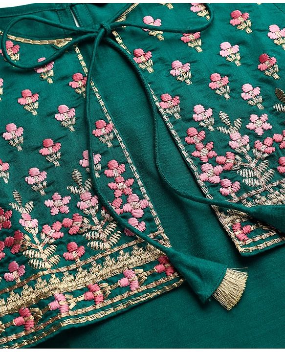 Pine Kids Woven Three Fourth Sleeves Kurta Gharara Set with Floral Embroidery & Glitter Print - Green