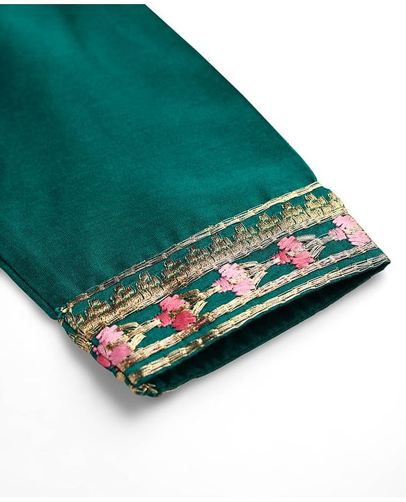 Pine Kids Woven Three Fourth Sleeves Kurta Gharara Set with Floral Embroidery & Glitter Print - Green