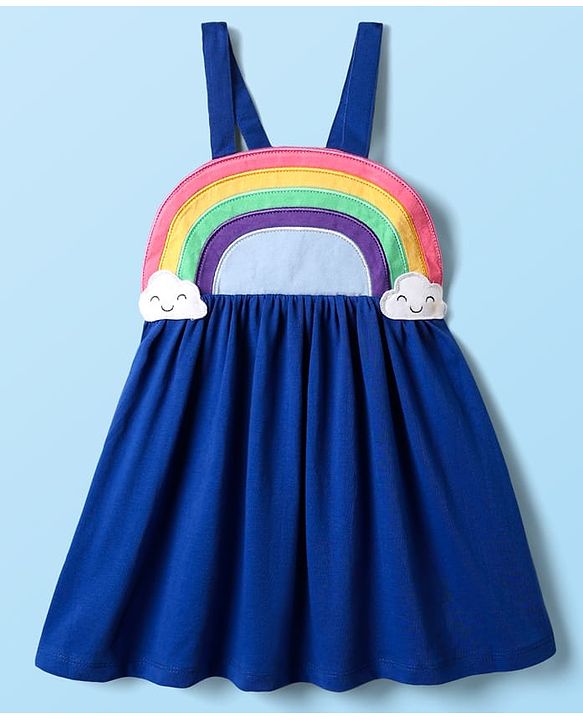 Babyhug Cotton Knit Half Sleeves Frock & Inner Tee with Polka Dot Print & Rainbow Design - Blue