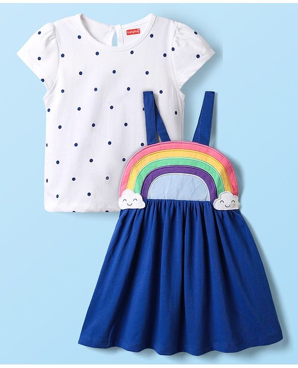 Babyhug Cotton Knit Half Sleeves Frock & Inner Tee with Polka Dot Print & Rainbow Design - Blue