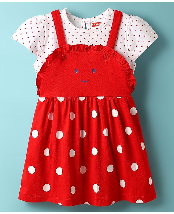 Babyhug Cotton Knit Frock & Cap Sleeves Inner Tee With Polka Dot Print - Red & White