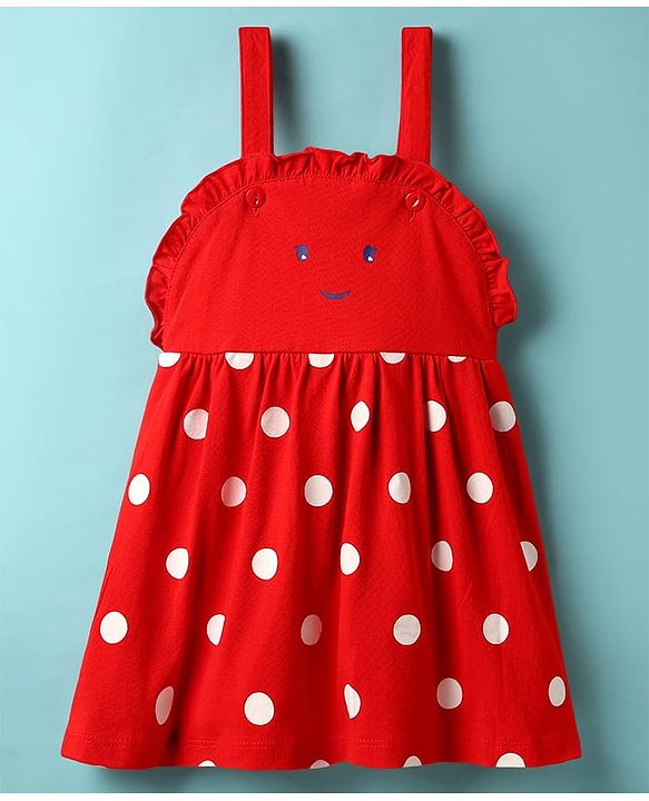 Babyhug Cotton Knit Frock & Cap Sleeves Inner Tee With Polka Dot Print - Red & White