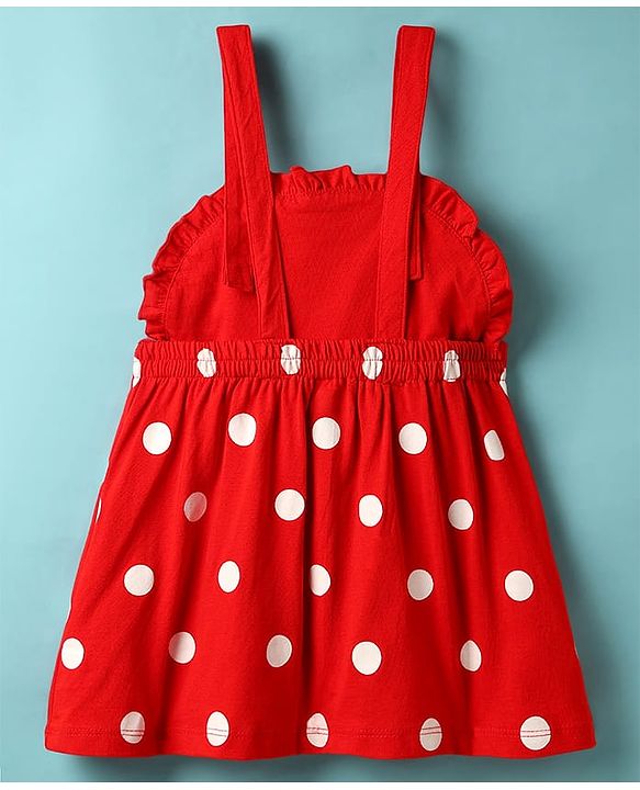 Babyhug Cotton Knit Frock & Cap Sleeves Inner Tee With Polka Dot Print - Red & White