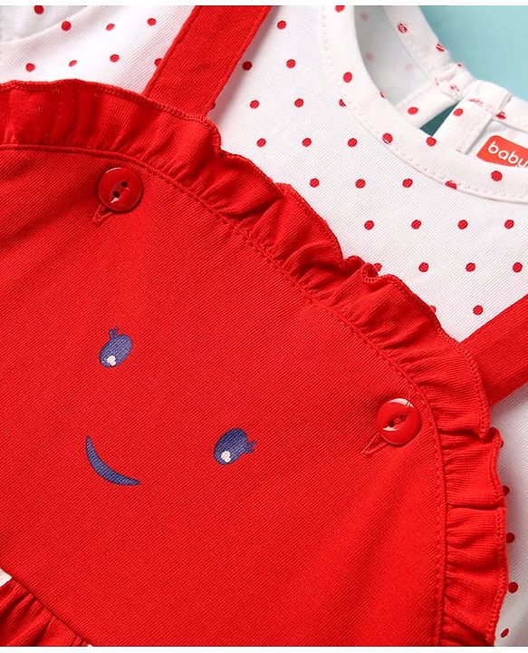 Babyhug Cotton Knit Frock & Cap Sleeves Inner Tee With Polka Dot Print - Red & White