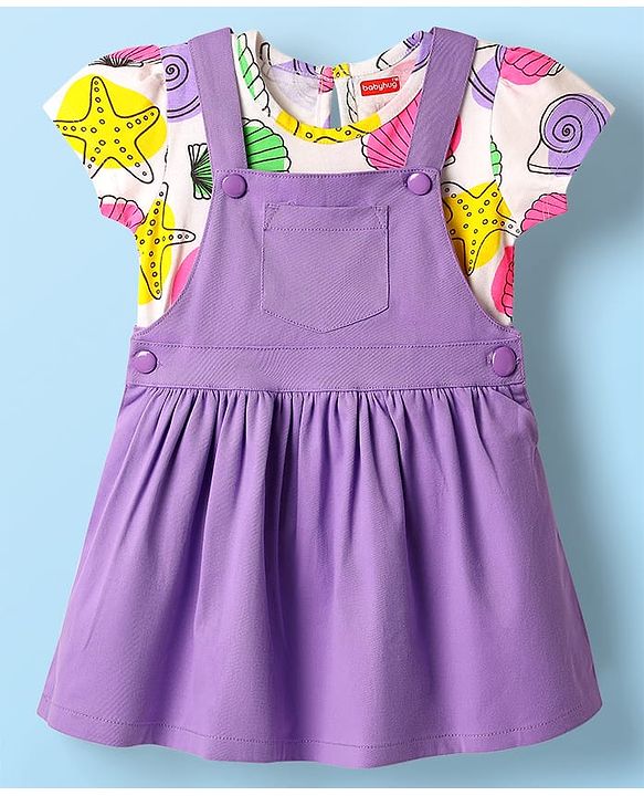 Babyhug Cotton Woven Frock & Half Sleeves Inner Tee With Sea Animals Print - Purple & White