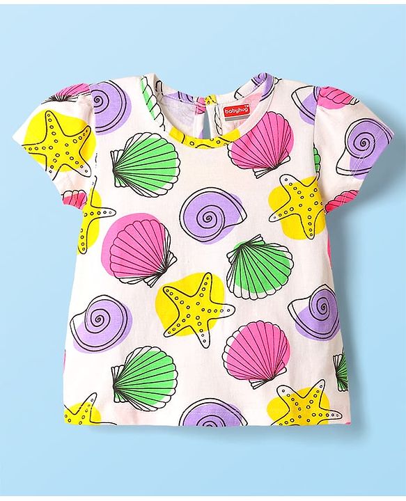 Babyhug Cotton Woven Frock & Half Sleeves Inner Tee With Sea Animals Print - Purple & White
