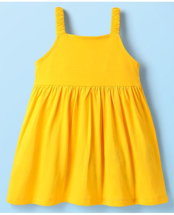 Babyhug Cotton Knit Floral Embroidered Frock & Half Sleeves Inner Tee With Polka Dot Print & Bow Applique - Yellow & White
