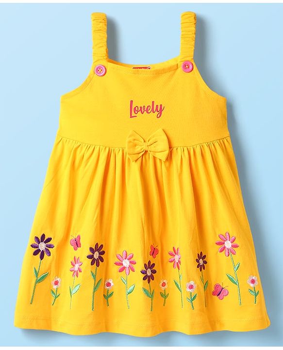 Babyhug Cotton Knit Floral Embroidered Frock & Half Sleeves Inner Tee With Polka Dot Print & Bow Applique - Yellow & White