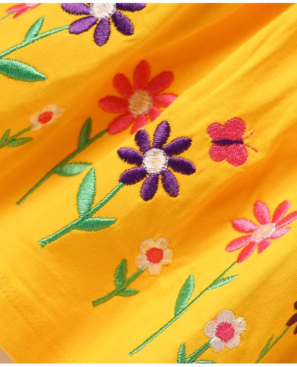 Babyhug Cotton Knit Floral Embroidered Frock & Half Sleeves Inner Tee With Polka Dot Print & Bow Applique - Yellow & White