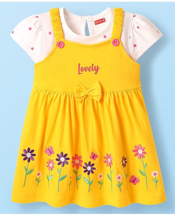 Babyhug Cotton Knit Floral Embroidered Frock & Half Sleeves Inner Tee With Polka Dot Print & Bow Applique - Yellow & White