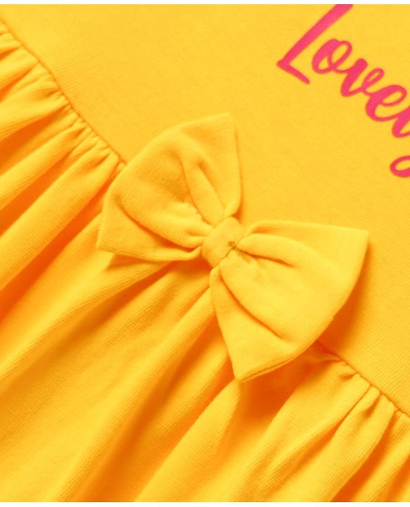 Babyhug Cotton Knit Floral Embroidered Frock & Half Sleeves Inner Tee With Polka Dot Print & Bow Applique - Yellow & White